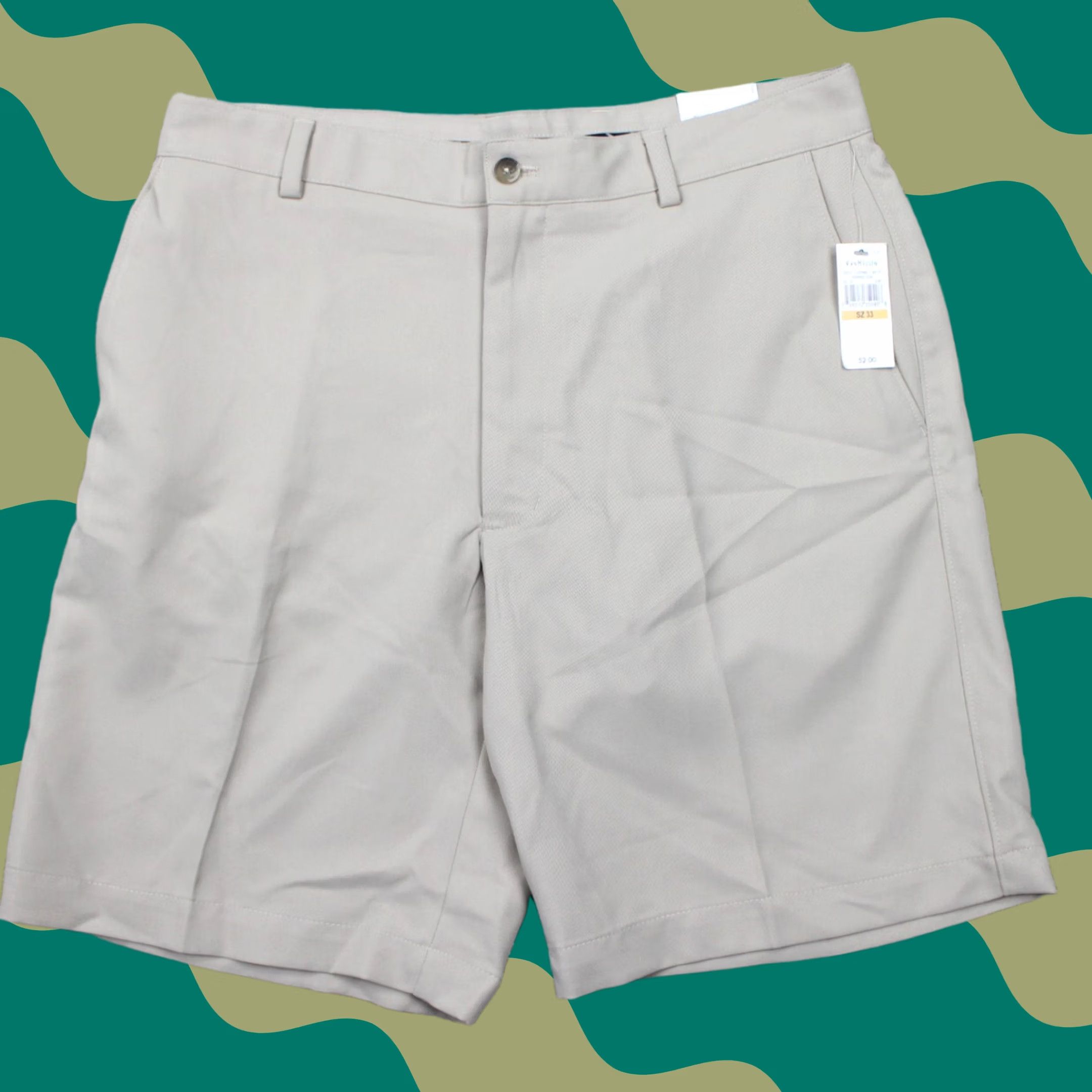 Van Heusen Van Heusen Men's 33 Beige 10" Traveler Stretch Classic Fit No Iron Flat Front Shorts NWT Casual Chino Pocket Logo Button Zipper Cotton Canvas Size US 33 - 1 Thumbnail