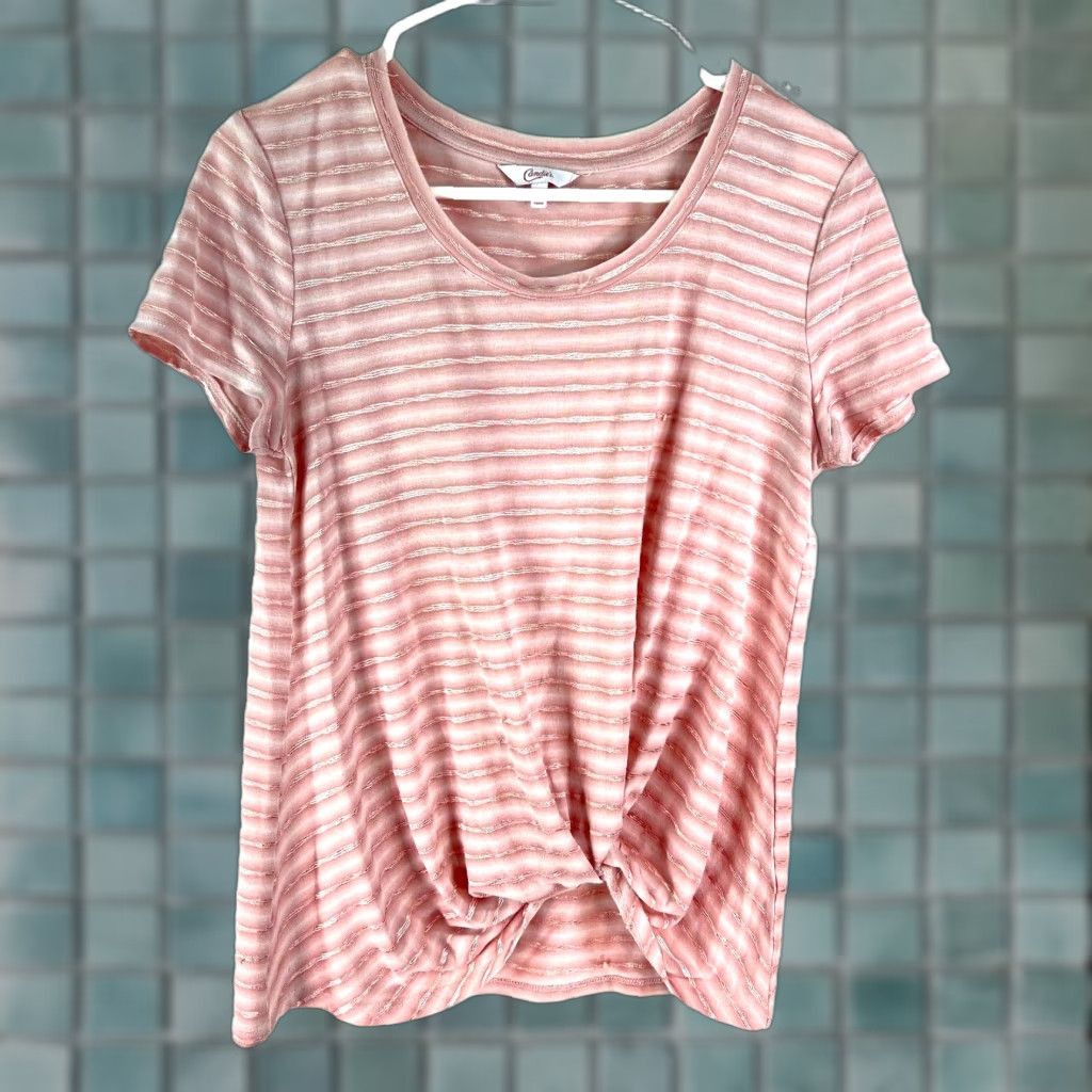 Vintage Candies Pink Striped Knotted Short Sleeves Stretch Blouse Top M Womens Shirt Knit Casual Pattern Striped Short Sleeve 24in Size M / US 6-8 / IT 42-44 - 1 Thumbnail