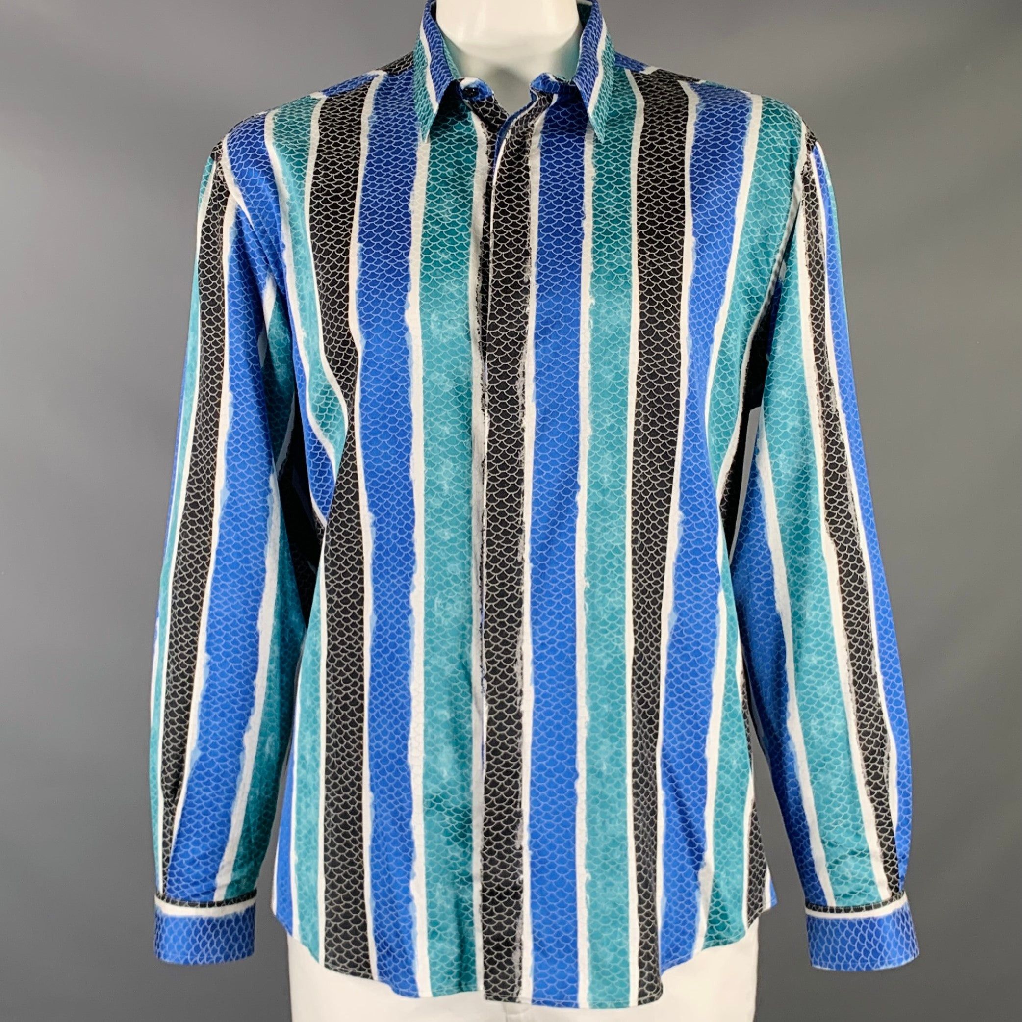 image of Versace Black White Blue Green Stripe Long Sleeve Shirt in Black/White, Men's (Size XL)