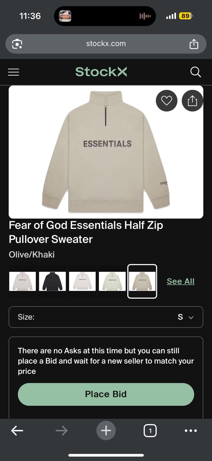 Fear of God 💥Fear of God Essentials Half Zip Pullover Olive SZ Small Size US S / EU 44-46 / 1 - 12 Thumbnail