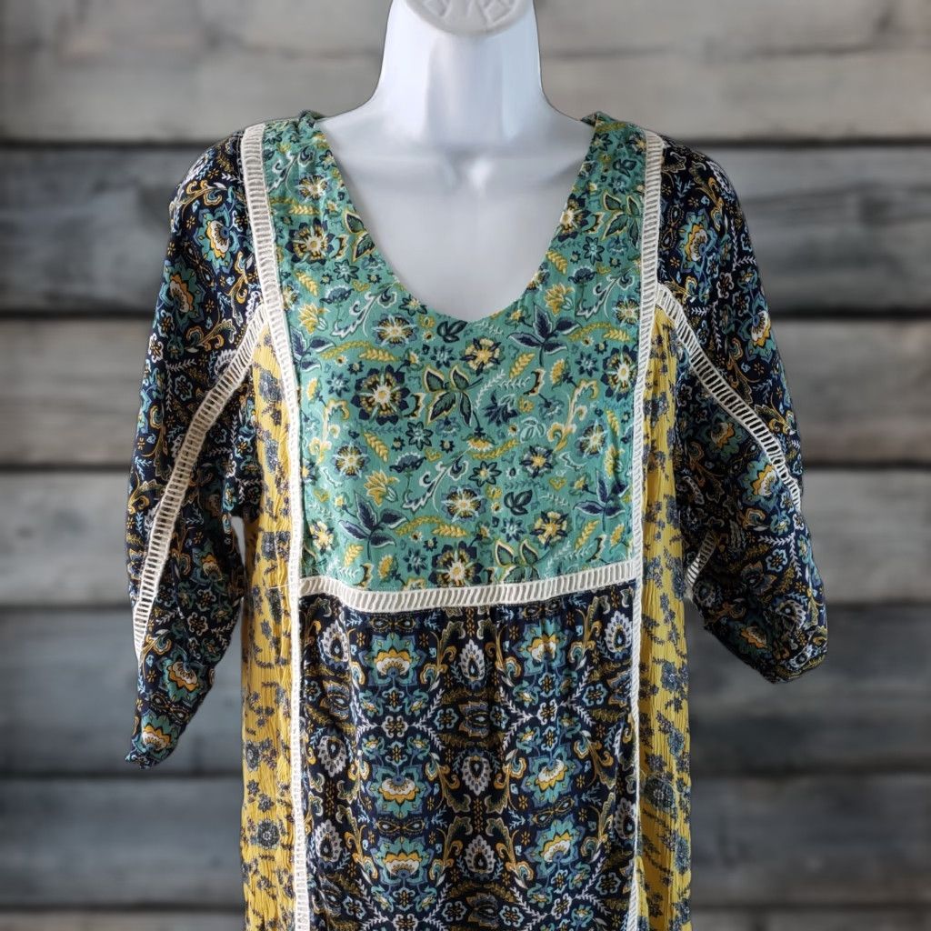 Vintage Bob Timberlake Womens Dress M Yellow Floral Rayon Keyhole Scoop Neck 3/4 Sleeve Short Vintage No Size M / US 6-8 / IT 42-44 - 1 Thumbnail