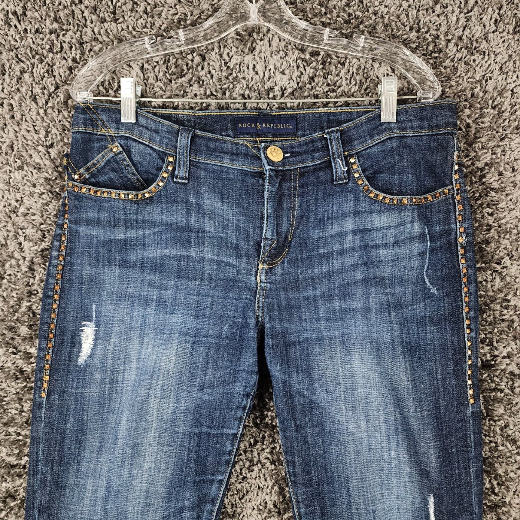 Vintage ROCK & REPUBLIC Womens Distressed Bootcut Jeans Size 12 Blue Size 34" / US 12 / IT 48 - 2 Thumbnail
