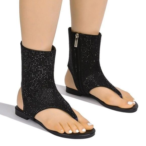 Other Just Doit Rhinestones Flat Bootie Thong Sandals Black (US Sh Size US 8.5 / IT 38.5 - 8 Thumbnail