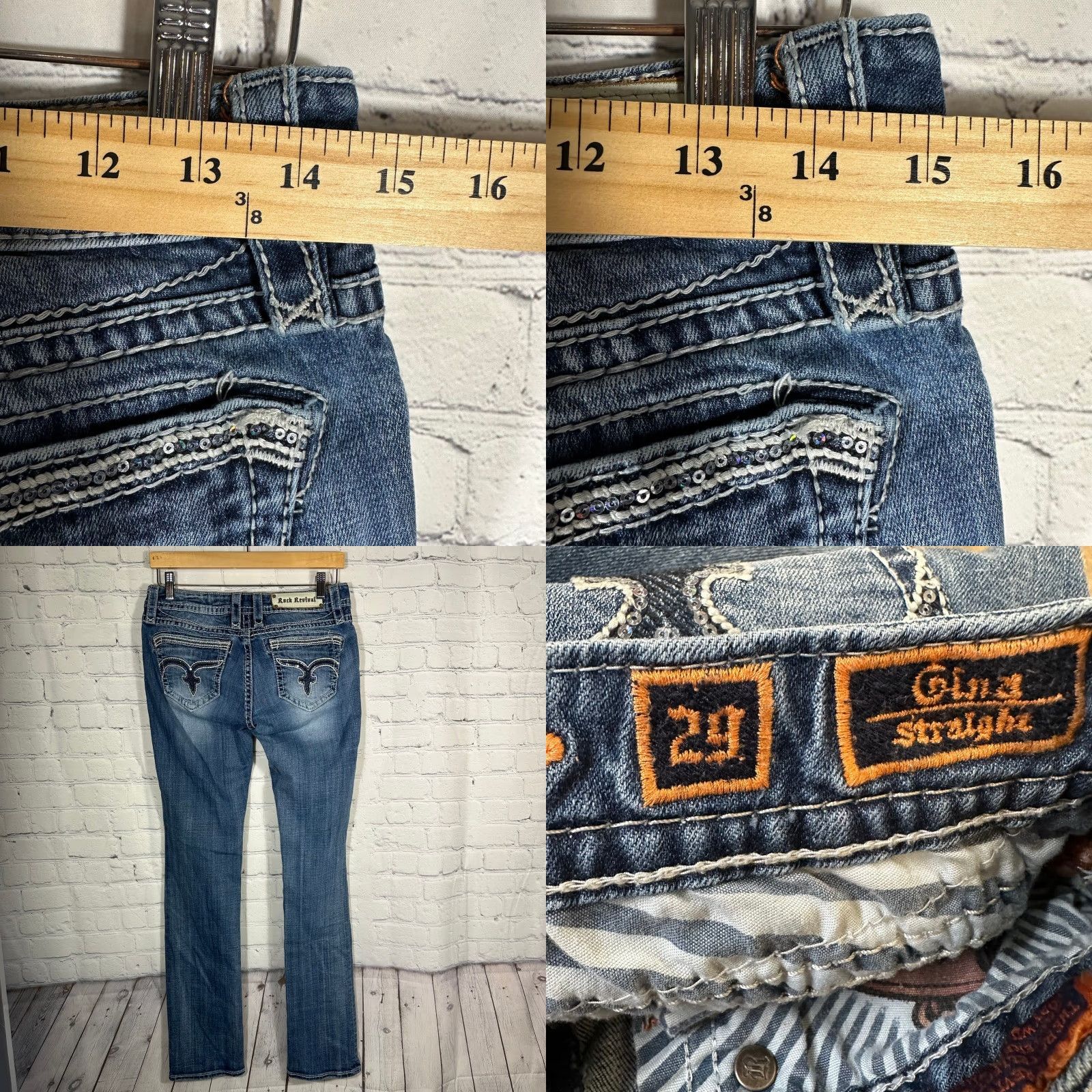 Vintage Rock Revival Jeans 29 Gina Straight Medium Wash Sequin Embroidered Logo Pockets Y2K Western Womens Jeans Size 29" - 8 Thumbnail
