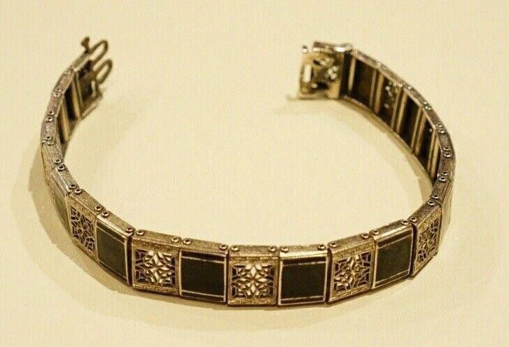 Designer Art Deco Sterling Silver Filigree & Black Enamel Bracelet Size ONE SIZE - 1 Thumbnail