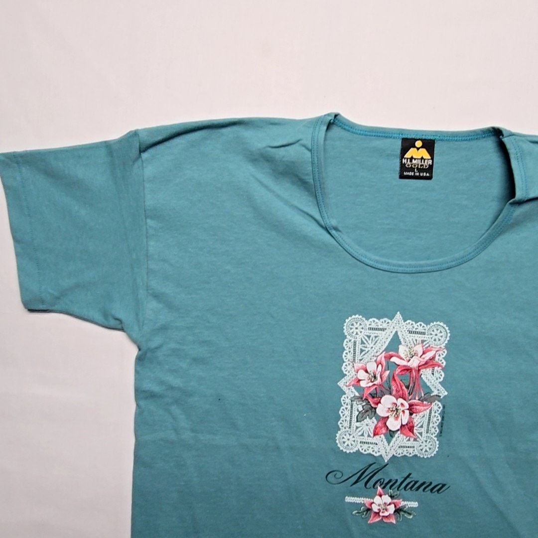 Vintage Vintage Montana Turquoise Tee Flower Blue Boat Neck L Shirt Size L / US 10 / IT 46 - 4 Thumbnail