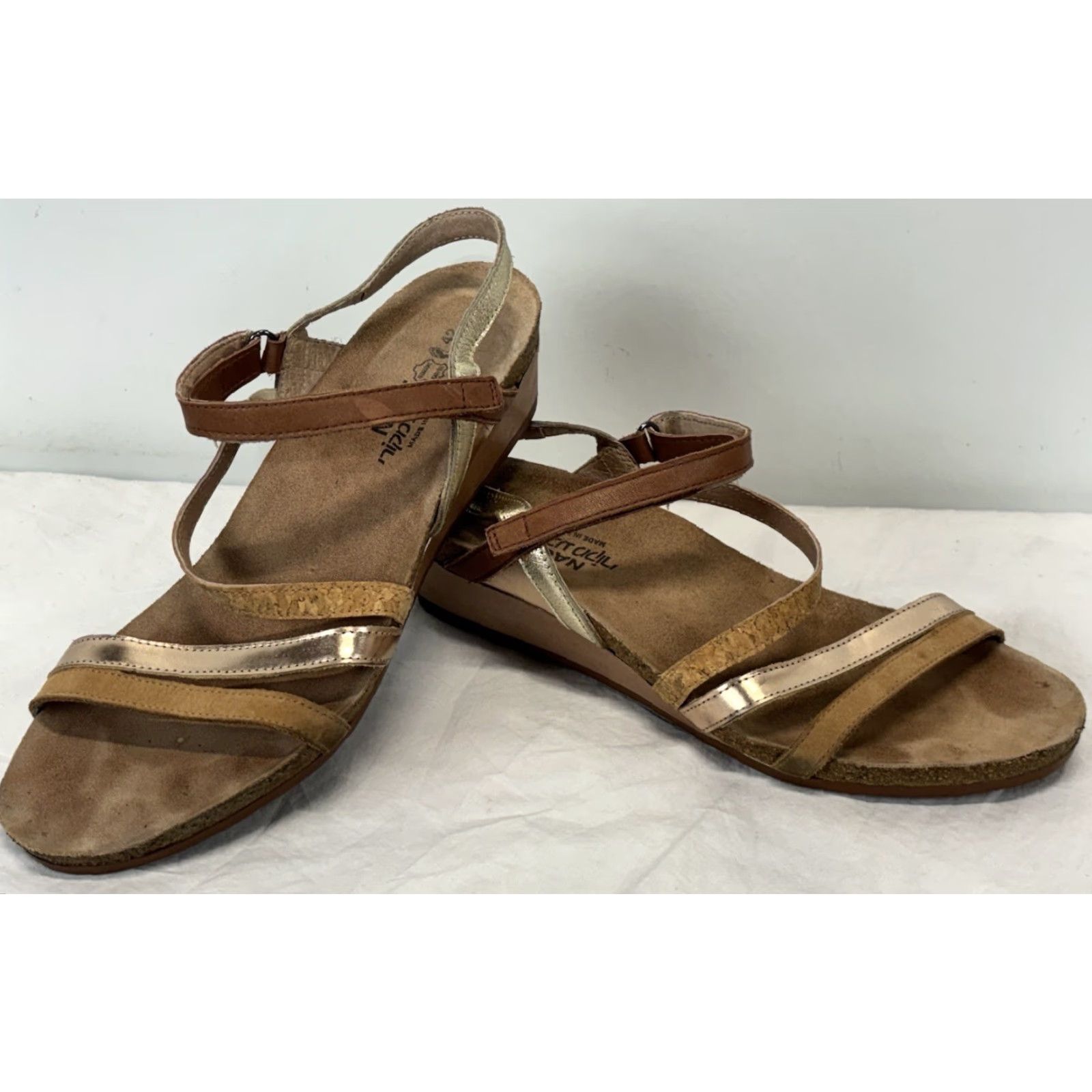 Vintage Naot Canaan Leather Ankle Strap Wedge Sandals Women Size 11 US 42 EU White Copper Silver Gold Size US 11 / IT 41 - 2 Thumbnail