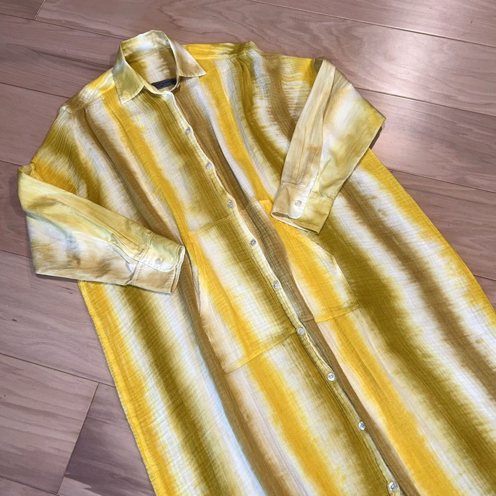 Vintage Raquel Allegra Caftan Shirt Dress Yellow Stripe Tye Dye Women’s One Size Size ONE SIZE - 2 Thumbnail