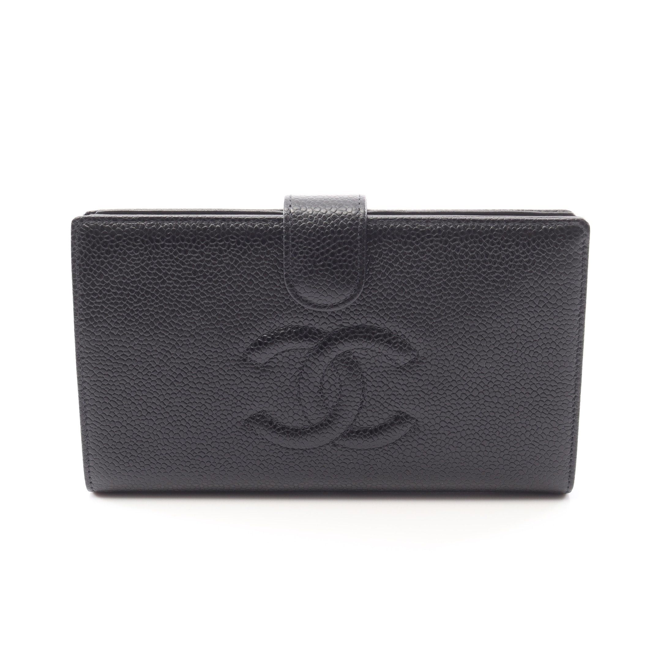 Chanel Coco Mark Bi-Fold Long Wallet Caviar Skin Black Gold Hardware