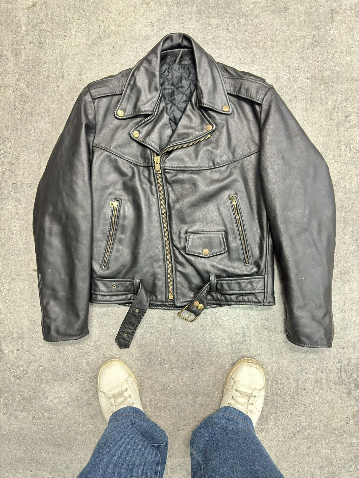 image of Avant Garde x Kapital ᶠᵃⁿᶜʸᵍᵘʸ 80's Leather Jacket Vintage Boxy Cropped in Black, Men's (Size Small