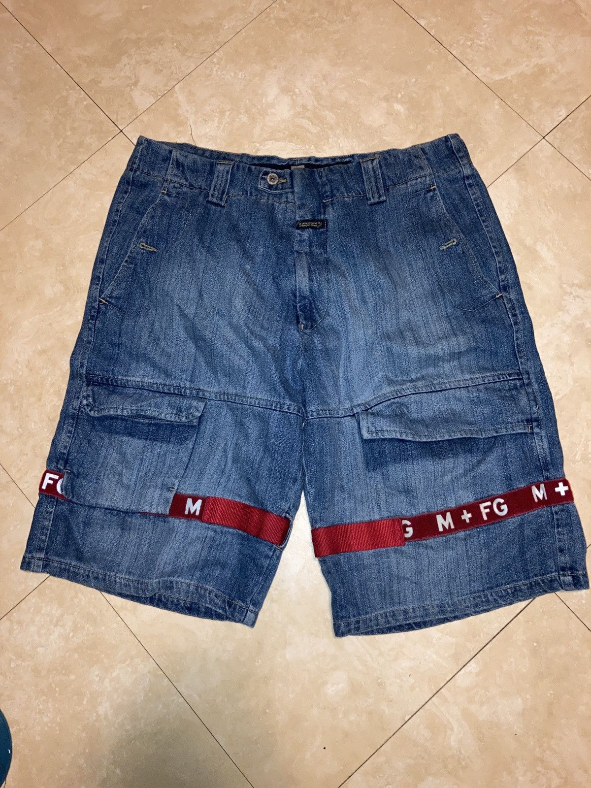 image of VTG Marithe Francois Girbaud Blue Denim Shorts Red Straps 38, Men's