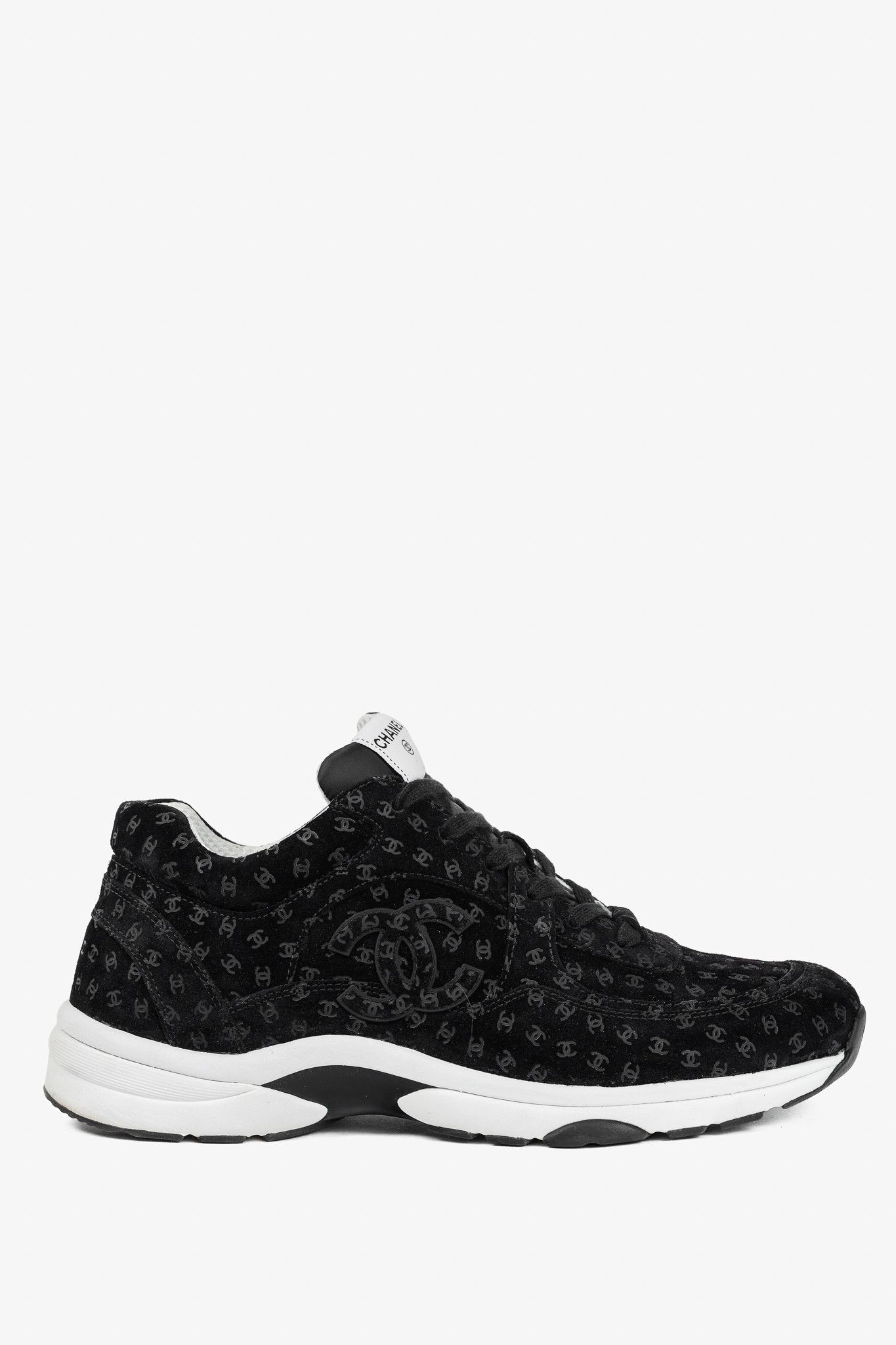 Chanel Chanel 22A Black Printed-CC-Logo Suede Low-Top Sneakers Size US 12 / EU 45 - 1 Thumbnail