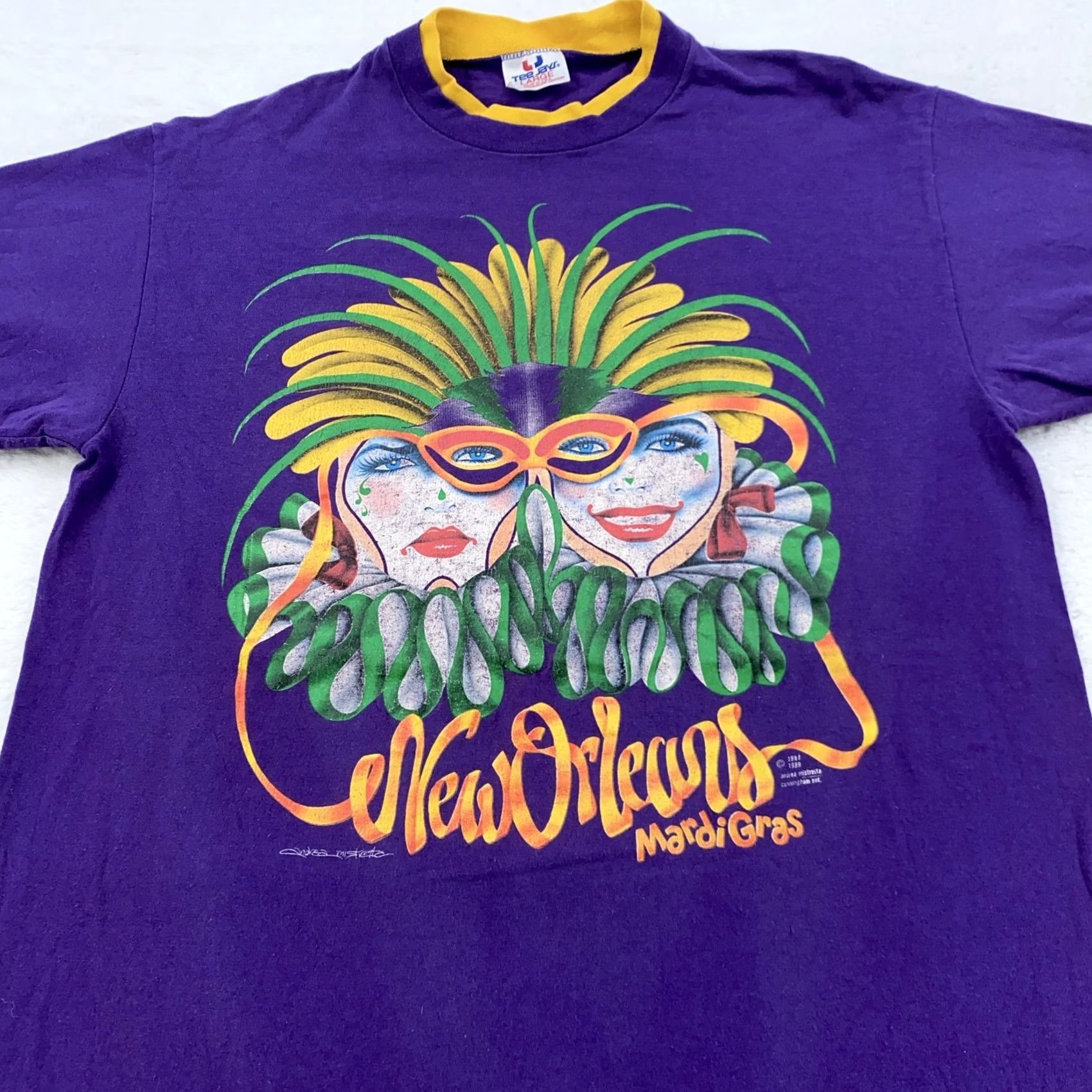 TEE JAYS VINTAGE Tee Jays Purple Mardi Gras Shirt Mens L 90s Festival Masquerade Graphic Print Crew Neck Short Sleeve USA Size US L / EU 52-54 / 3 - 2 Thumbnail
