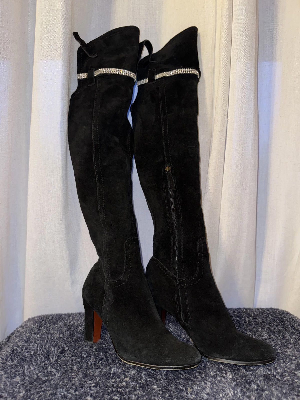 Other Black Suede Over-the-Knee High Heel Boots with Rhinestones Size US 7.5 / IT 37.5 - 3 Thumbnail