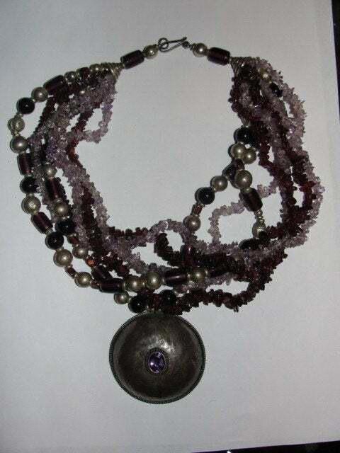 Designer Silver Amethyst Pendant with Glass Garnet Bead Necklace Size ONE SIZE - 2 Thumbnail