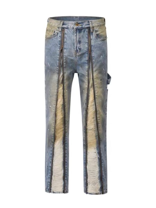 Japanese Brand High street double zip washed distressed logging jeans