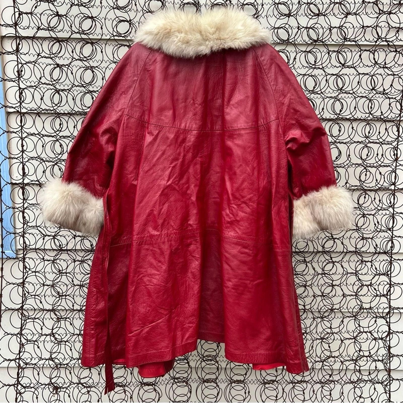 Vintage 60s 70s Red Leather Silver Fox Fur Mrs Claus Trench Coat Size XL / US 12-14 / IT 48-50 - 6 Thumbnail