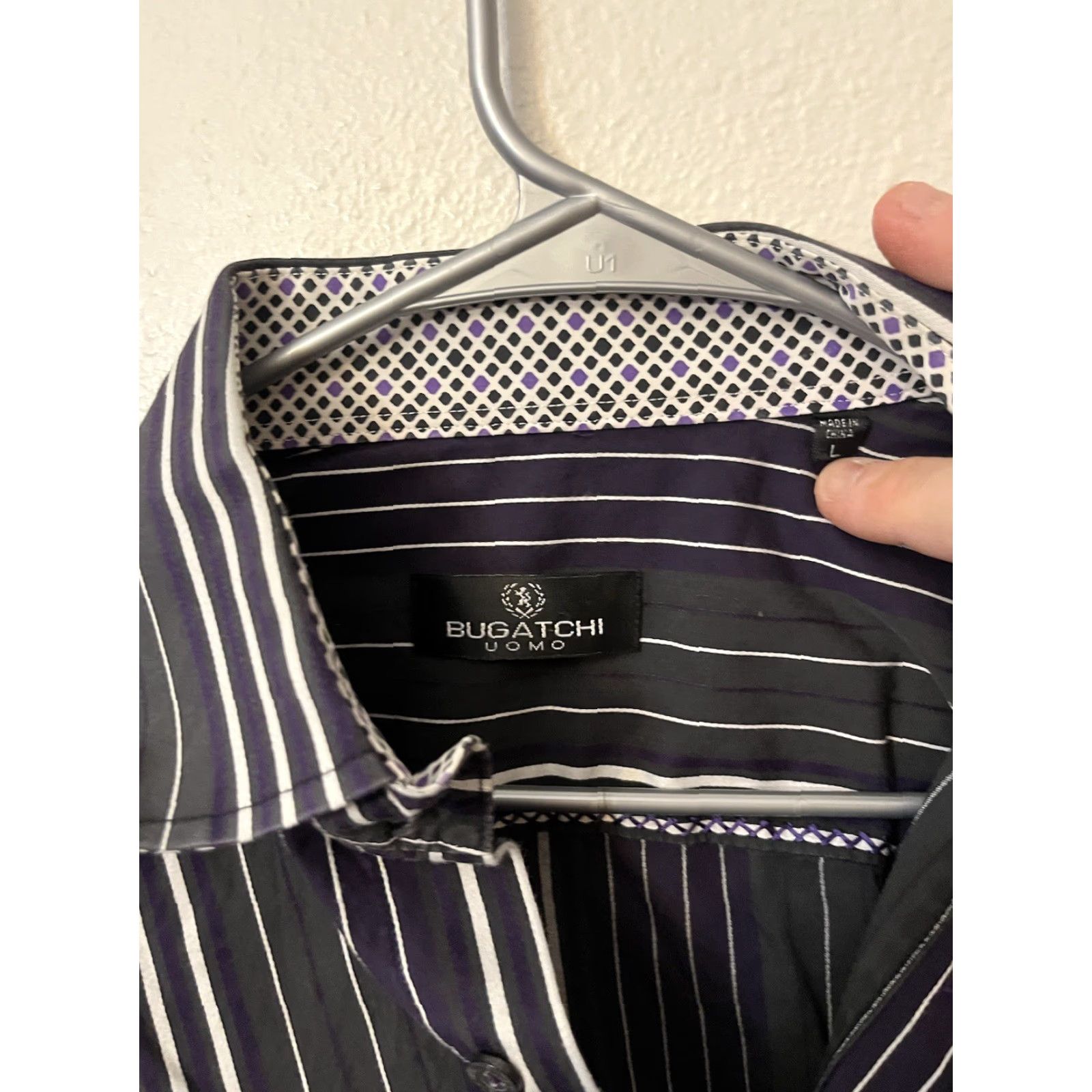 BUGATCHI Bugatchi Uomo Button Front Shirt Mens L Black Striped Knit Cotton Button-Up Shirt Regular Fit Collar-Down Button Long Sleeve Vintage No Size US L / EU 52-54 / 3 - 3 Thumbnail