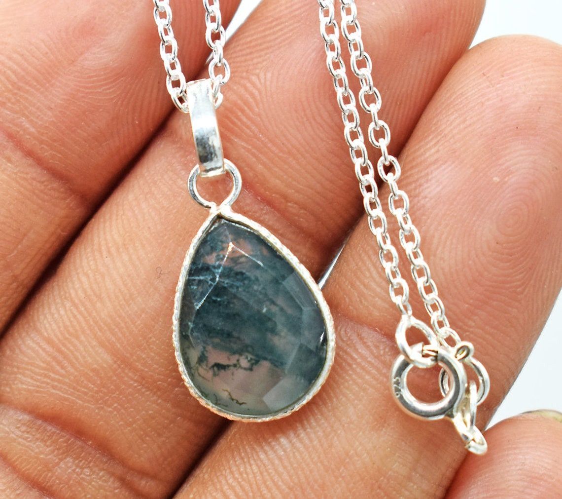 Handmade Teardrop Moss Agate Necklace 925 Sterling Silver, 18 Inch Size ONE SIZE - 2 Thumbnail