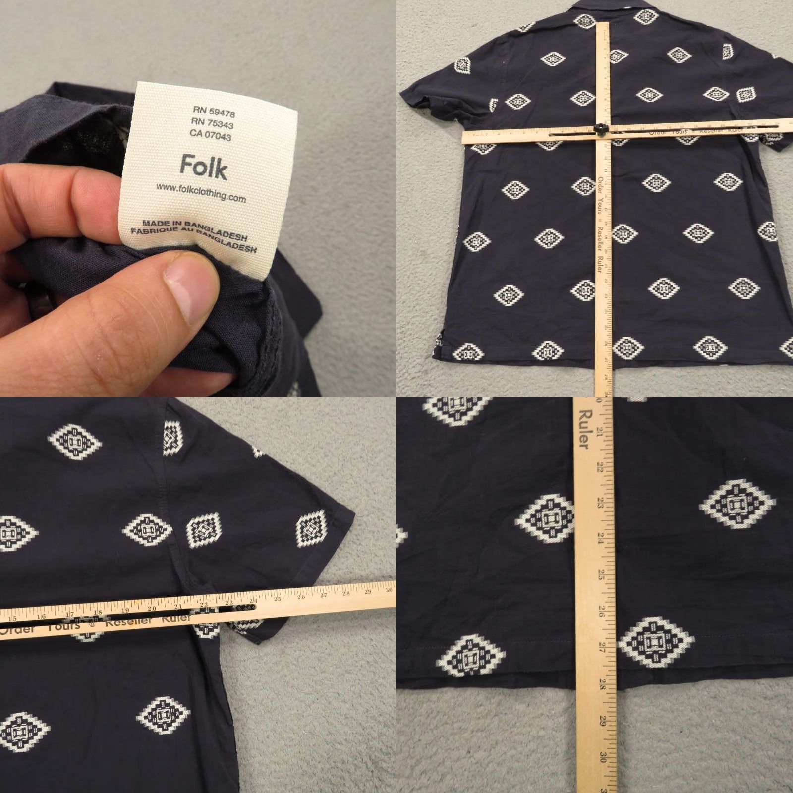 Folk Folk Shirt Mens Large Navy Cotton White Jacquard Woven Aztec Print Camp Collar Size US L / EU 52-54 / 3 - 8 Thumbnail