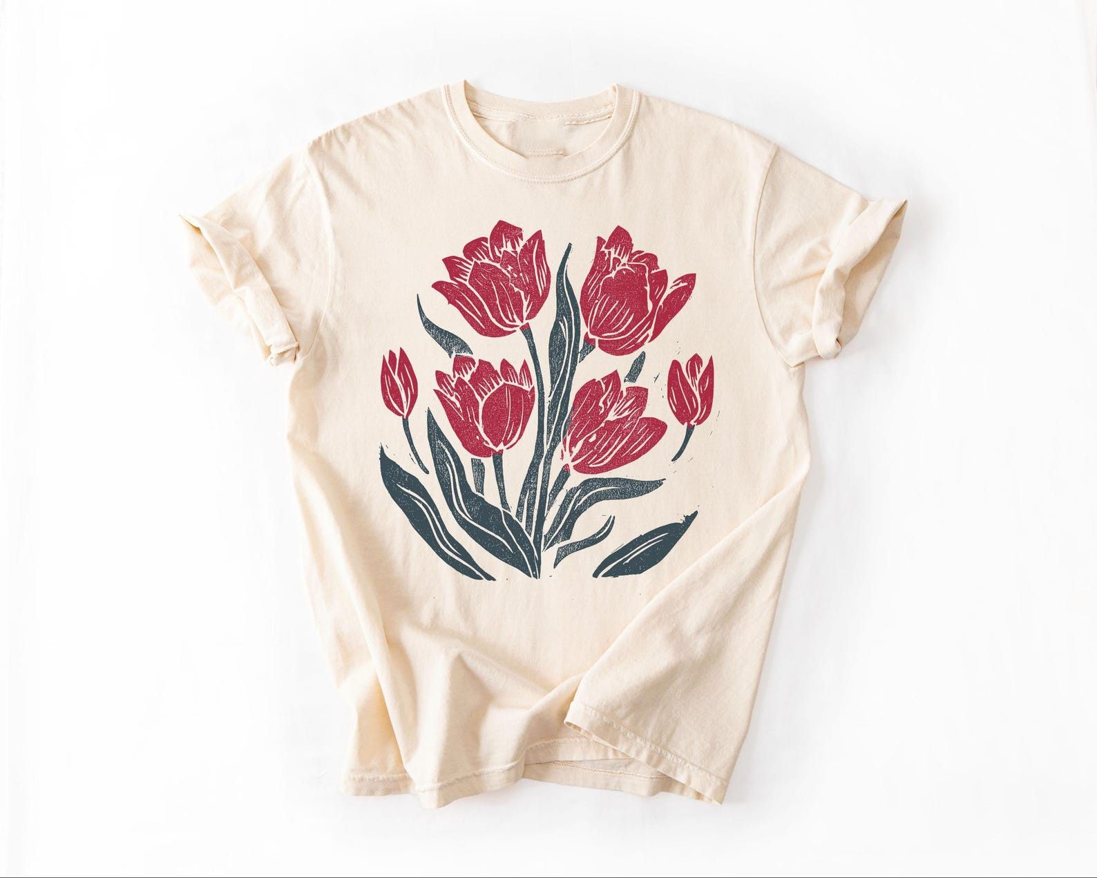 Other Retro Linocut Flower Tee – Botanical Cottagecore T-Shirt Size L / US 10 / IT 46 - 1 Thumbnail
