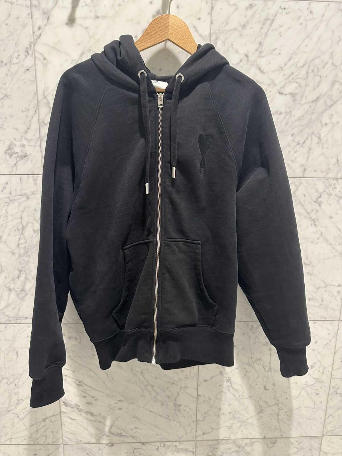 image of Ami Black Zip Up Hoodie, Men's (Size Medium)
