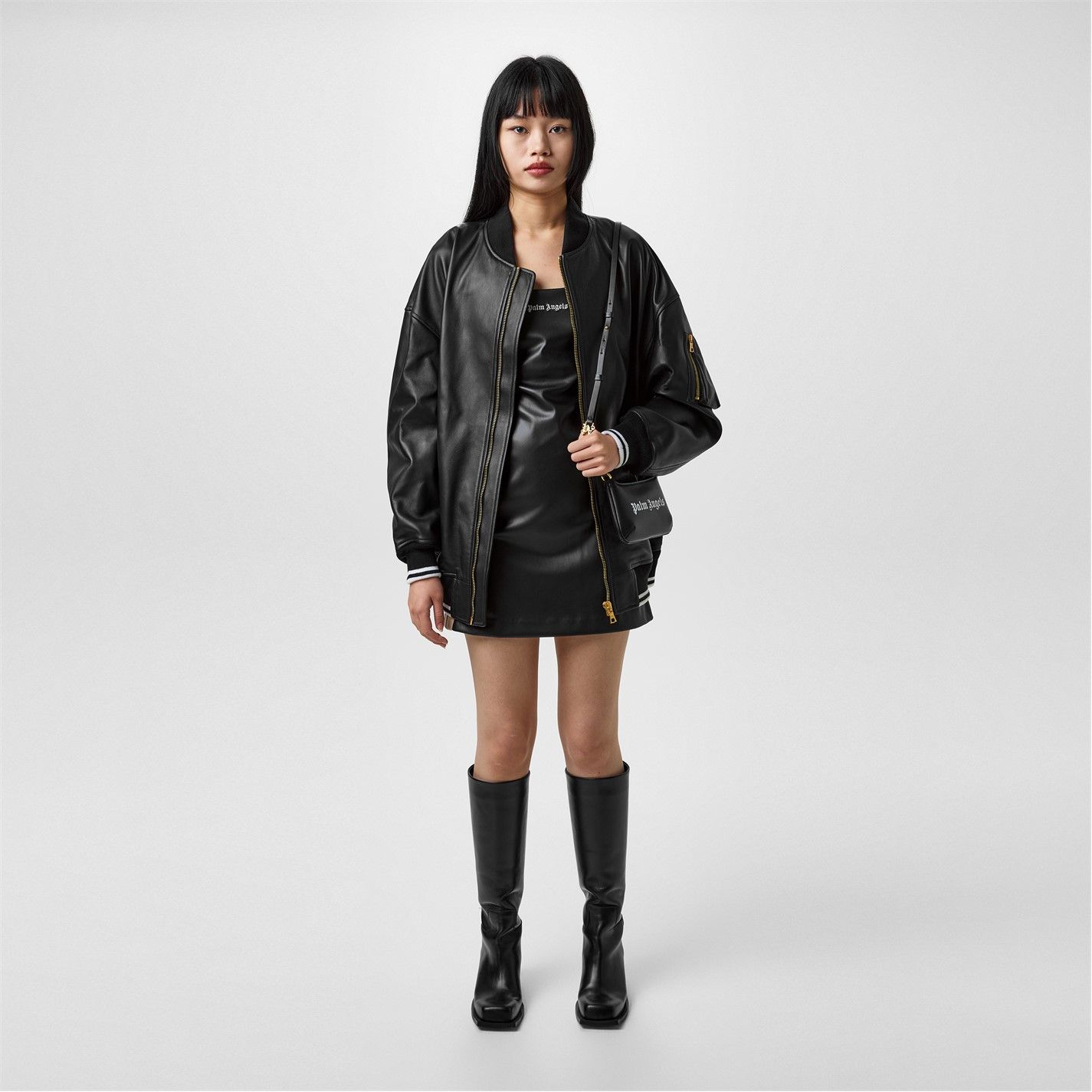 Palm Angels o1g2r1mq0325 College Leather Bomber Jacket in Black & White Size S / US 4 / IT 40 - 6 Thumbnail