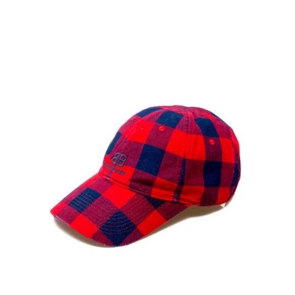 BALENCIAGA Flannel Baseball Cap In Red Blue hat nwt