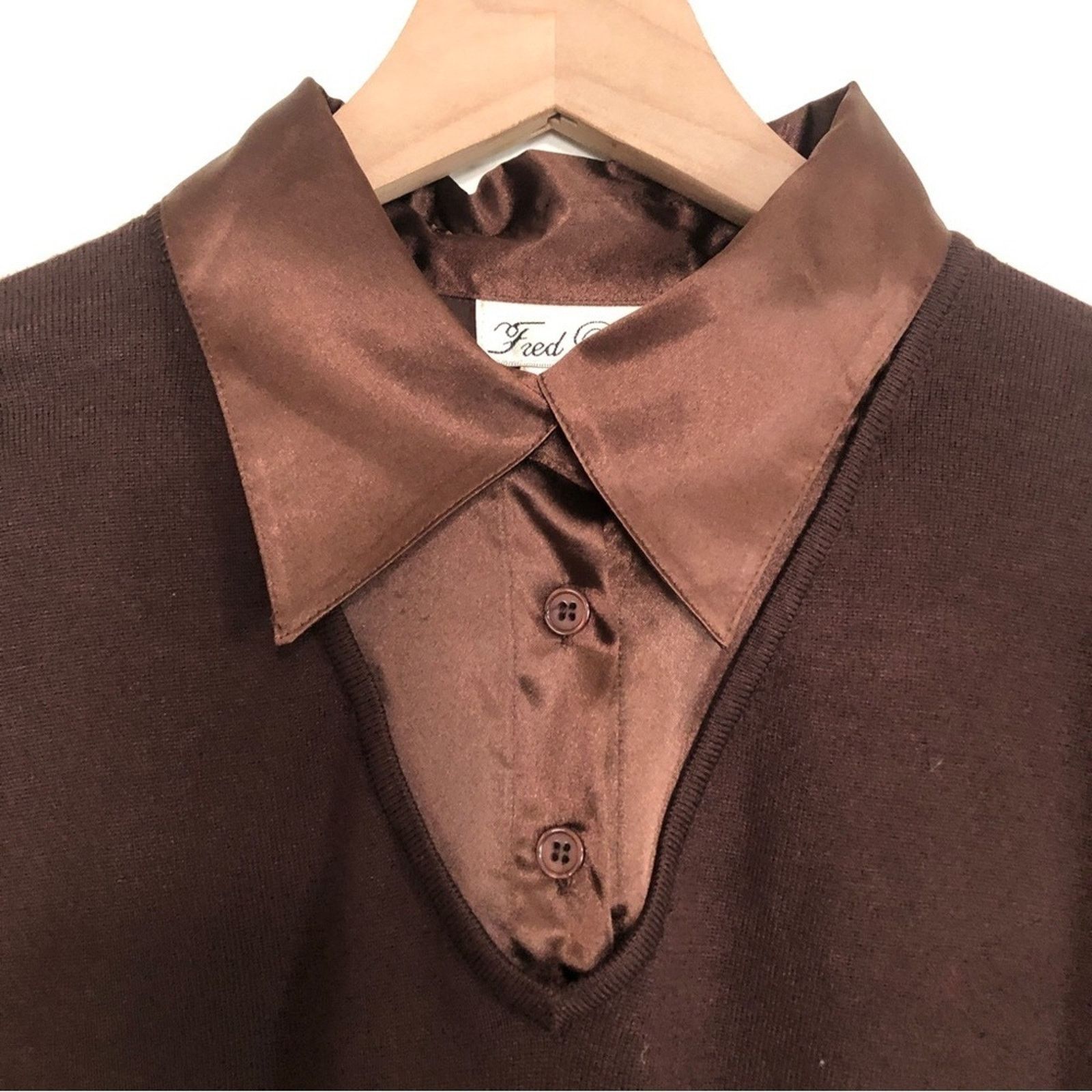 Other Fred David Brown Button Collar Satin Knit Sweater Blouse Top Size L / US 10 / IT 46 - 3 Thumbnail