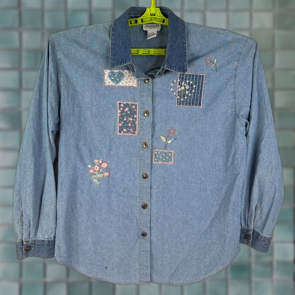 Denime VINTAGE Teddi Denim Floral Embroidered Shirt Womens Size L Blue - 100% Cotton, Button-Up, Long Sleeve Size L / US 10 / IT 46 - 1 Thumbnail
