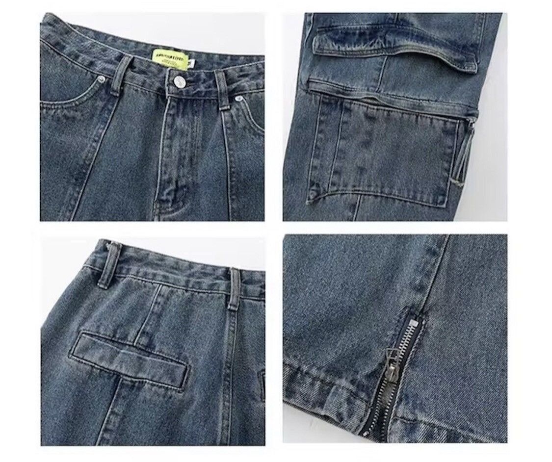 00s japanese label cargo jeans y2k 立体裁断 Harajuku Style Women's Blue Pocket Y2K Freight baggy
