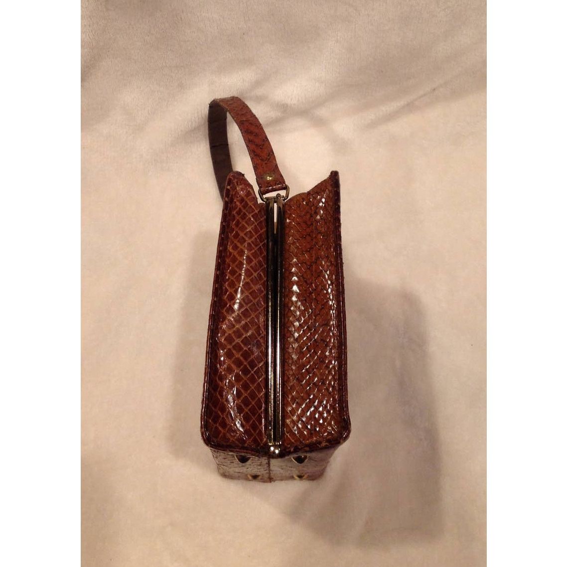 Vintage Vintage Brown Snake Print Handbag Gold Accents Top Handle Size ONE SIZE - 11 Thumbnail