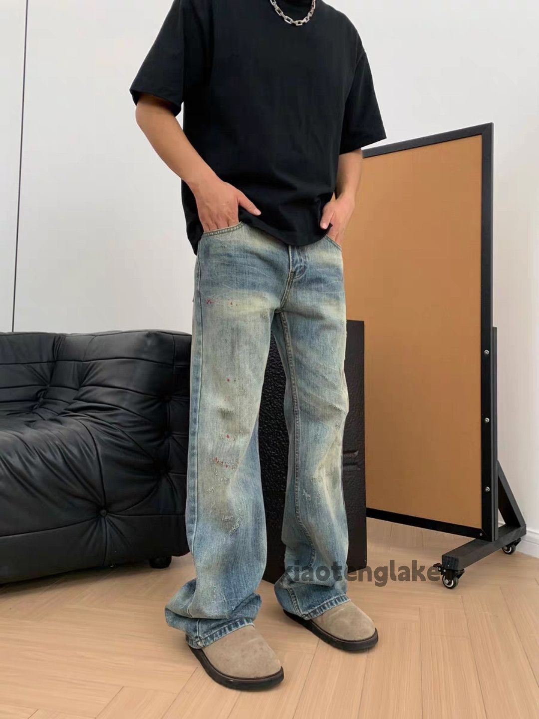 Unisex washed retro faded punk grunge stain paint jeans