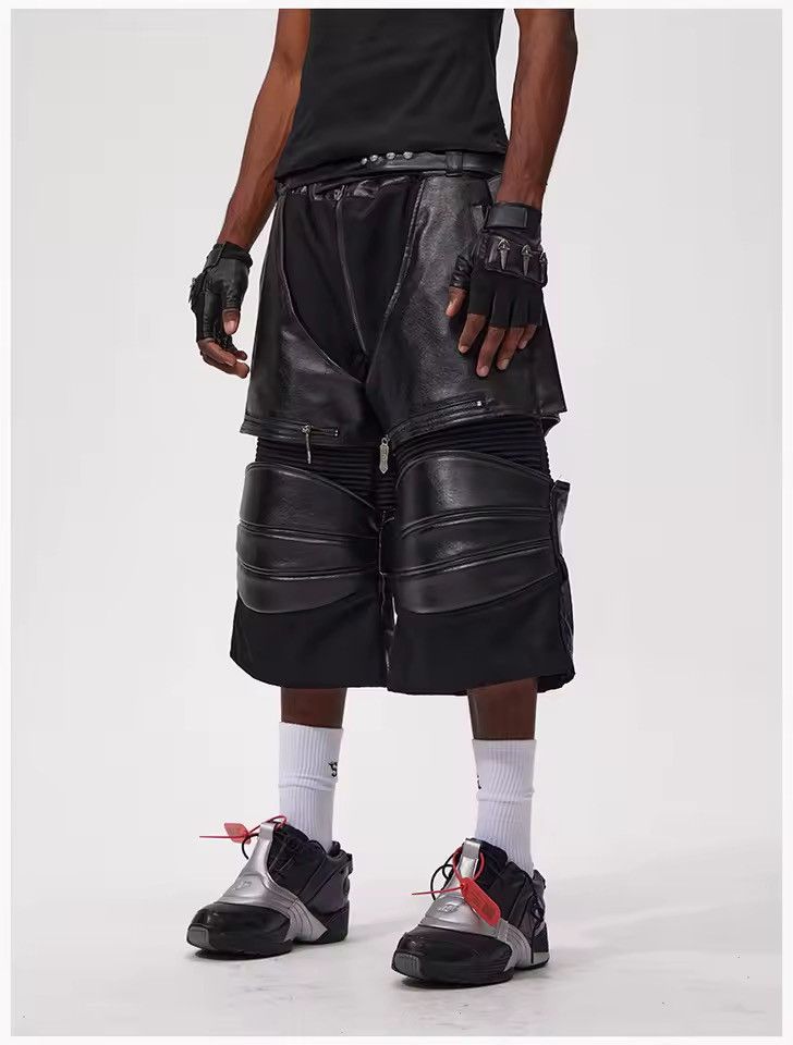Leather Designer Streetwear Zip Pockets Patchwork PU Leather Shorts Size US 32 / EU 48 - 2 Thumbnail