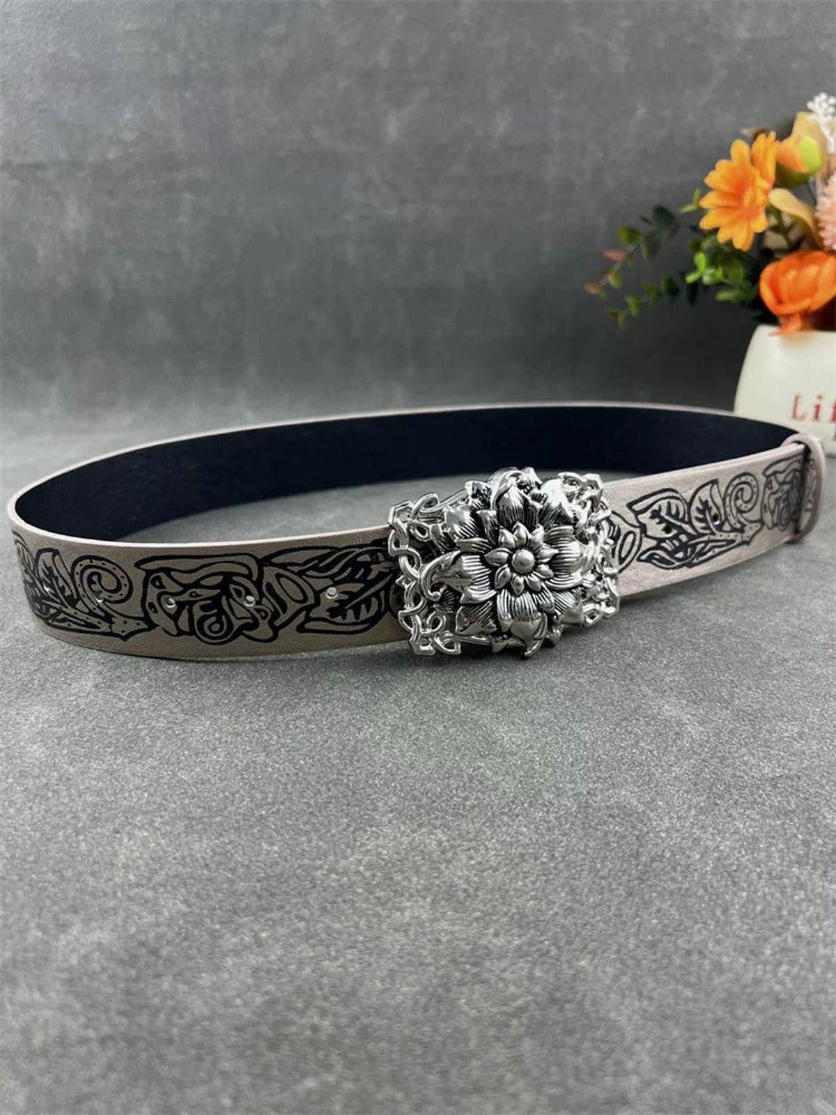 Leather Floral-Embossed Silver Buckle Belt Size ONE SIZE - 4 Thumbnail