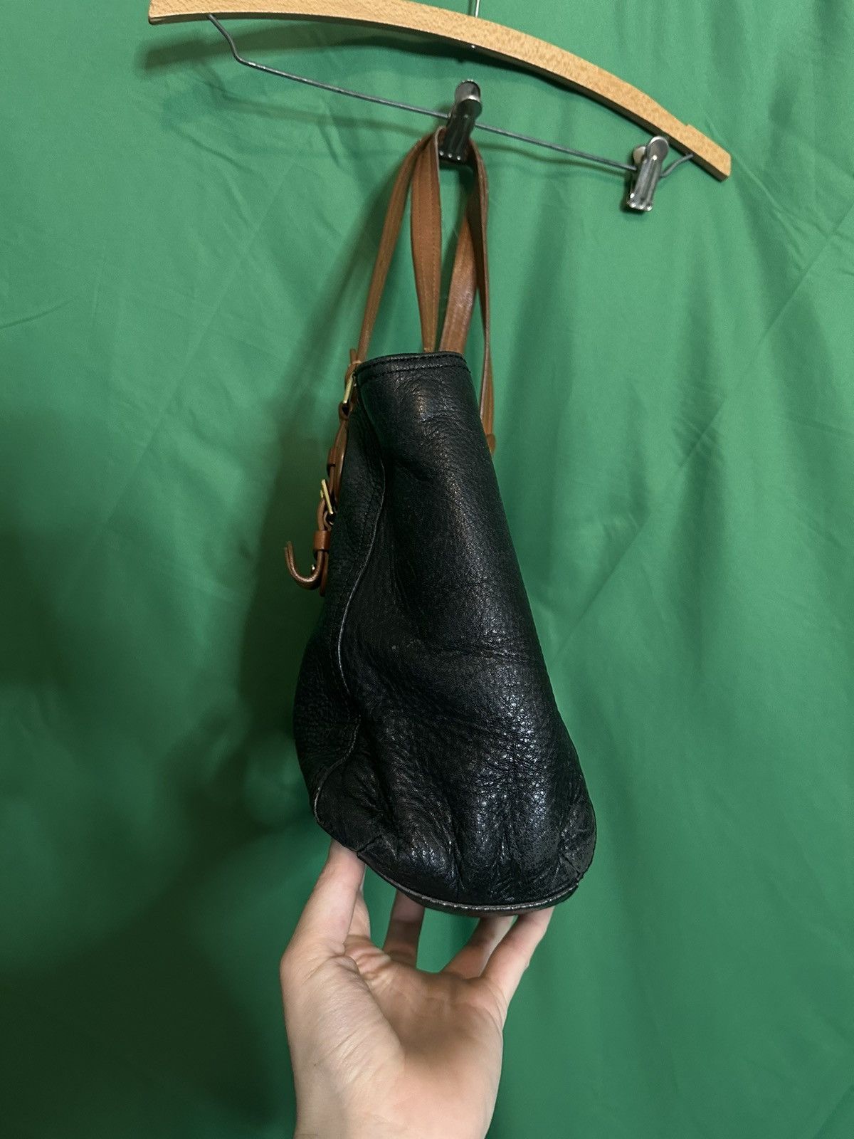 RLL Ralph Lauren black brown pebbled leather handbag