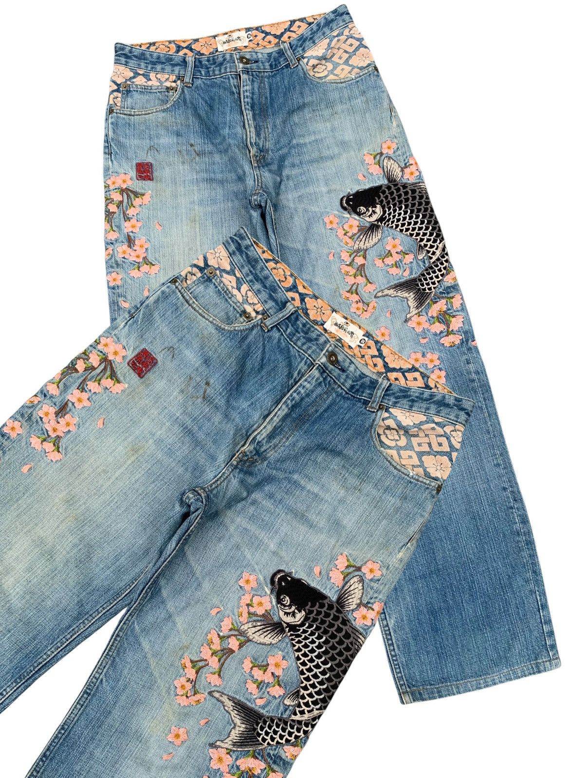 Kapital KARAKURI TAMASHI FISH KOI SAKURA EMBROIDERY DISTRESSED DENIM Size US 32 / EU 48 - 1 Thumbnail