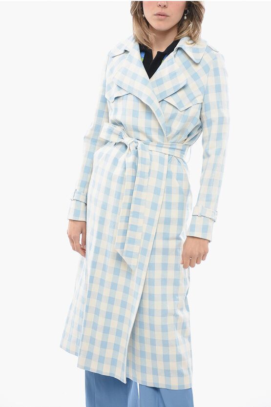 image of Tagliatore Unlined Carola Trench With Check Pattern in Light Blue, Women's (Size Medium)