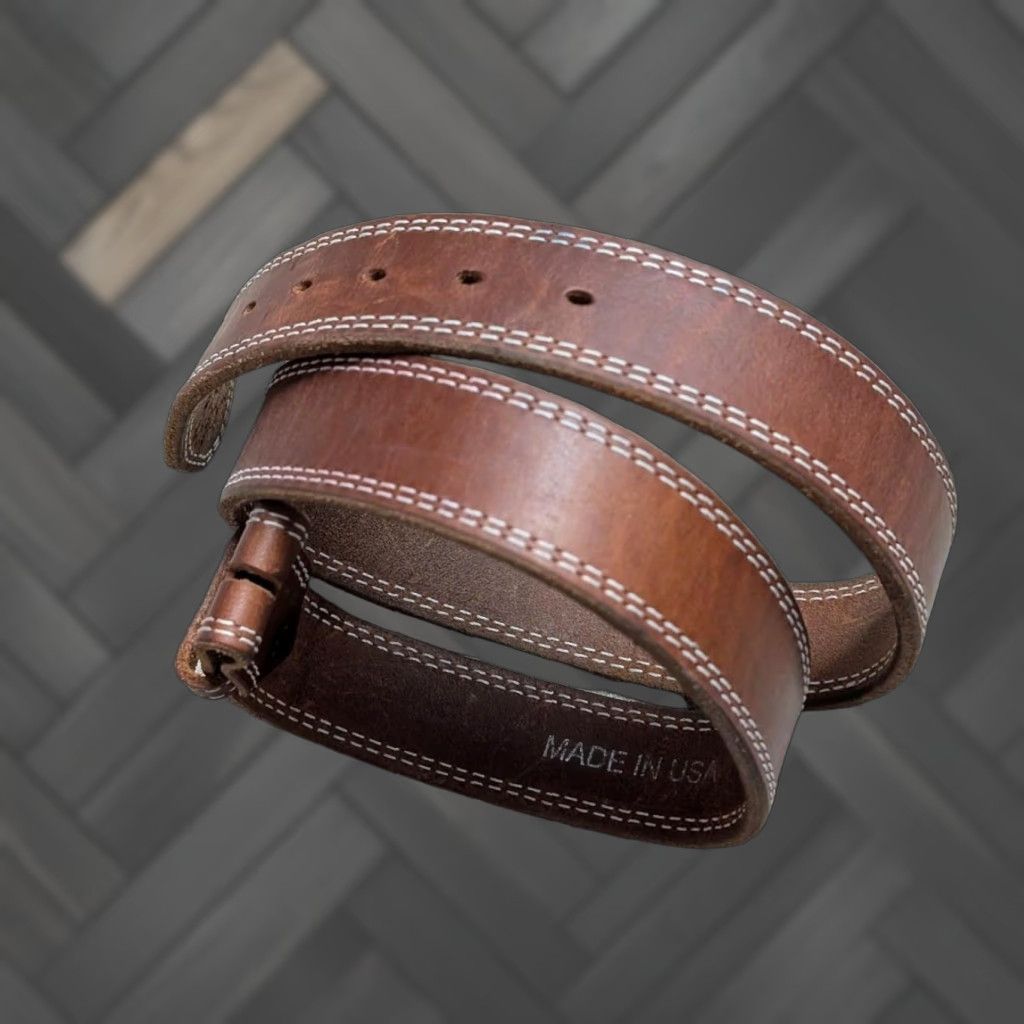 Vintage VINTAGE WESTERN Belt 1-1/2" Brown Cowhide Leather USA Made belt 36 Men Stitched Buckle Hank’s style Size 36 - 1 Thumbnail
