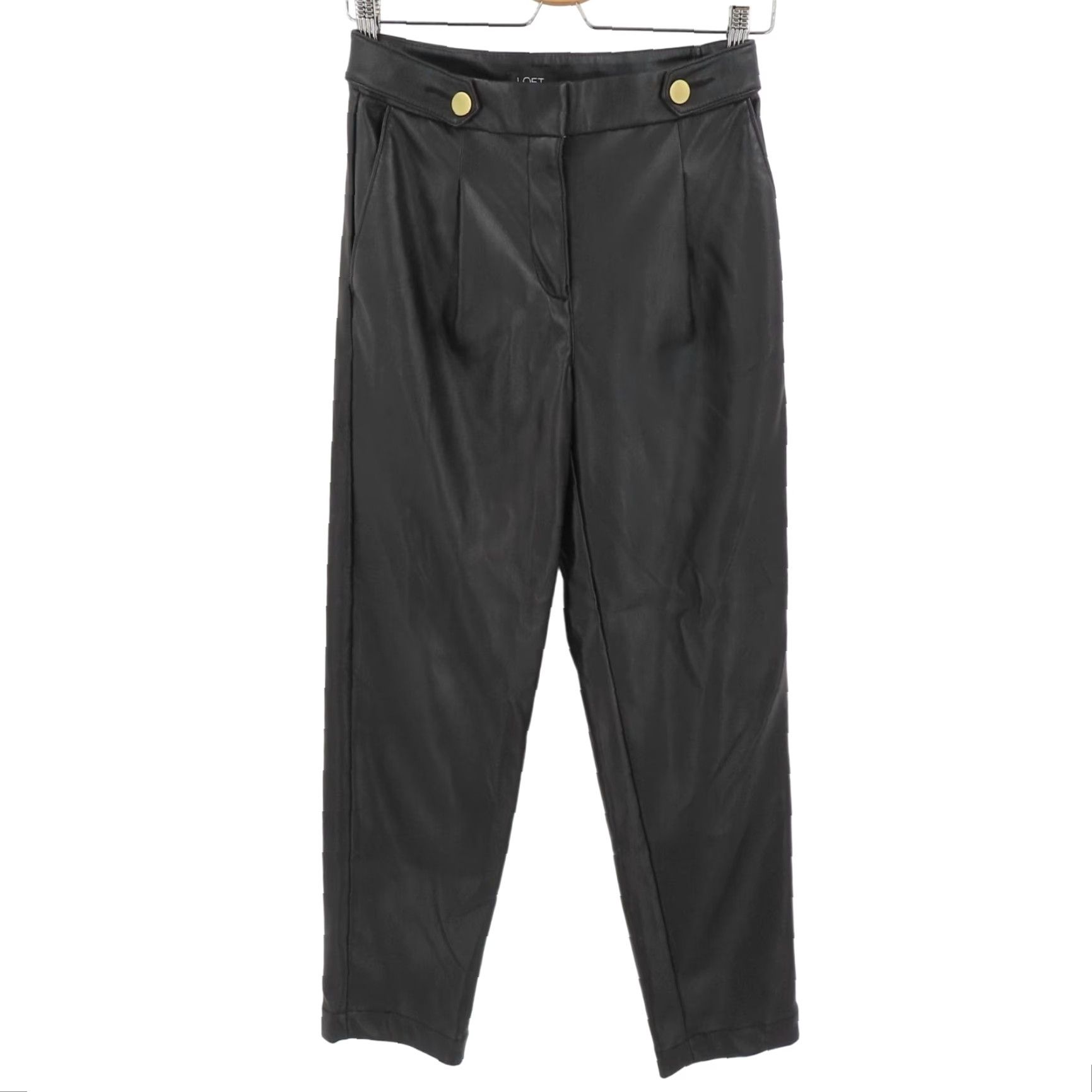 Loft LOFT Womens 00 Solid Black Faux Leather Trouser Pants Gold Buttons Pockets Size 24" / US 00 / IT 34 - 2 Thumbnail