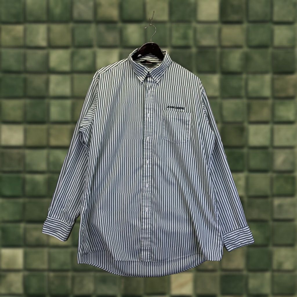 John Deere Vtg 1980-90s John Deere Embroidered Mens Green Stripe Shirt - Long Sleeve, Button-Front, Regular, Size L Size US L / EU 52-54 / 3 - 1 Thumbnail