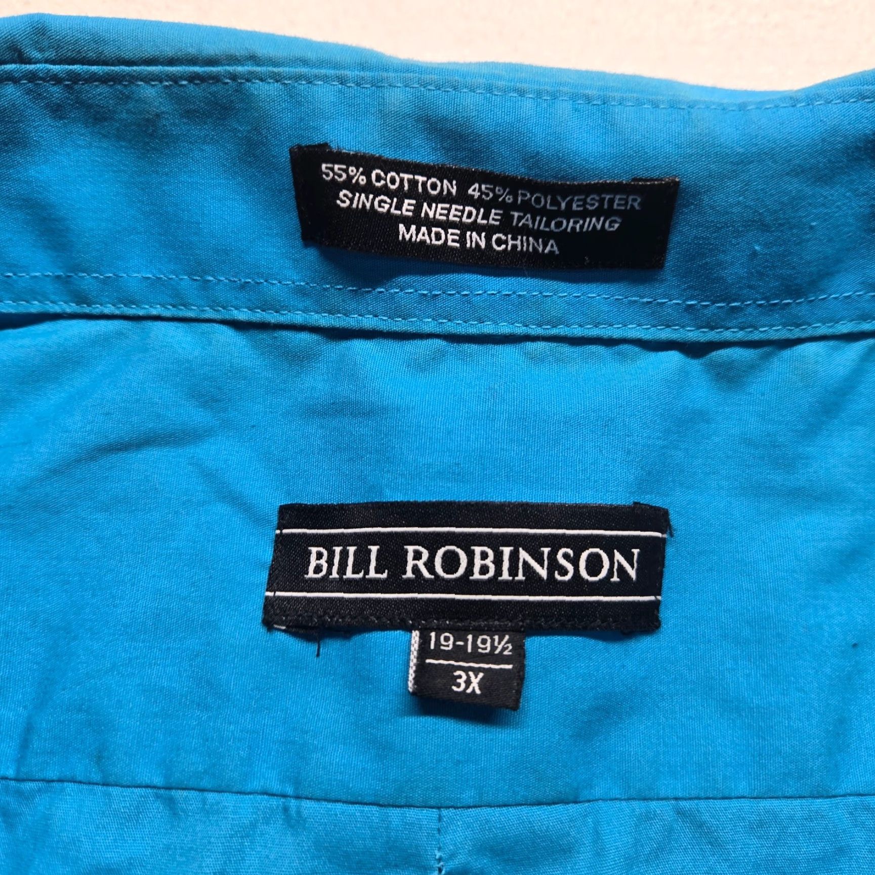Vintage Bill Robinson Dress Shirt Solid Blue Button-Down 3X Big & Tall Adult Mens Shirt Size 48R - 3 Thumbnail