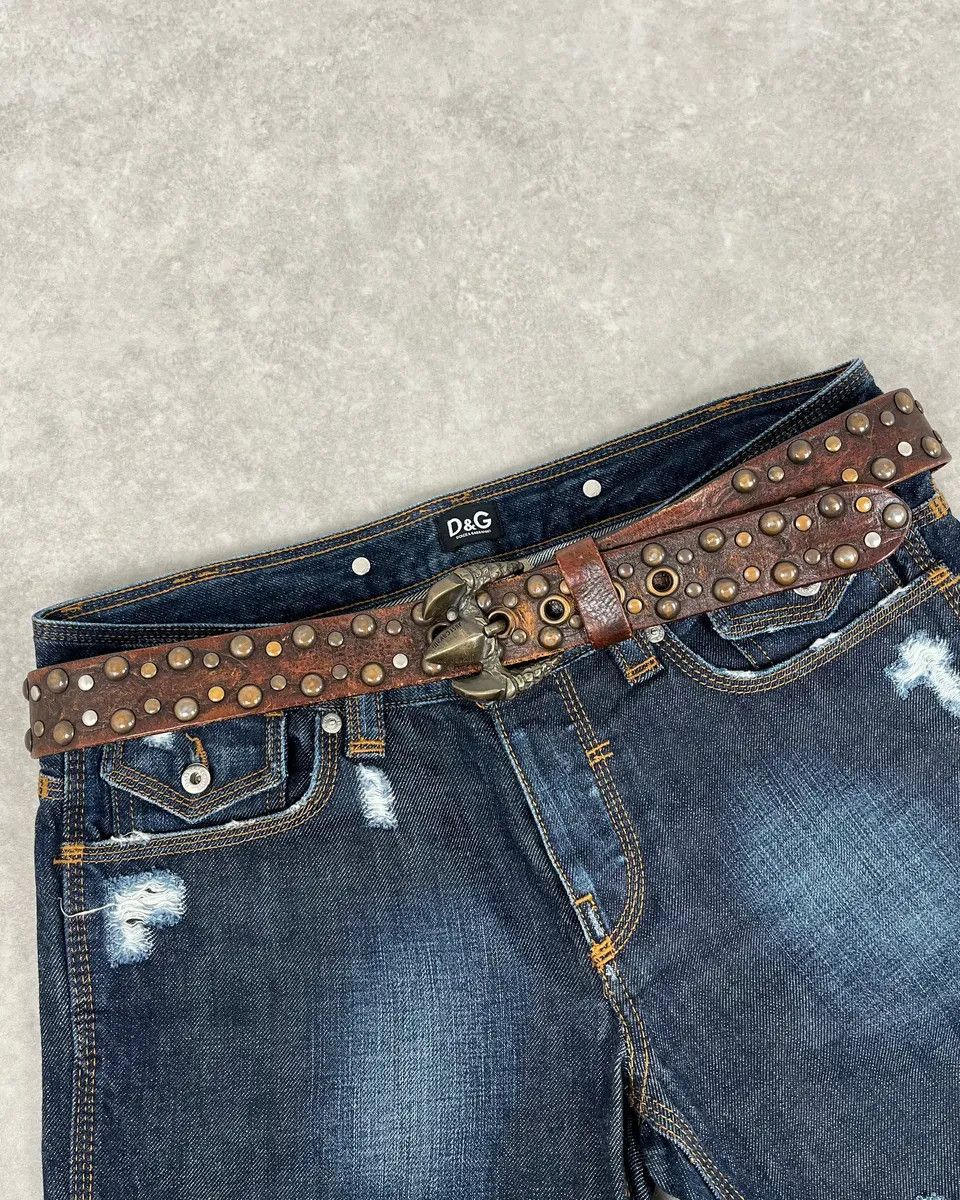 Roberto Cavalli 2000s Cavalli Dragon Claw Buckle Brown Studded Leather Belt Size ONE SIZE - 1 Thumbnail