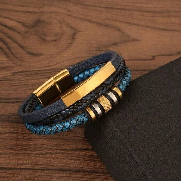 Other Men Stainless Steel Three-Layer Braided Leather Bracelet Size ONE SIZE - 4 Thumbnail