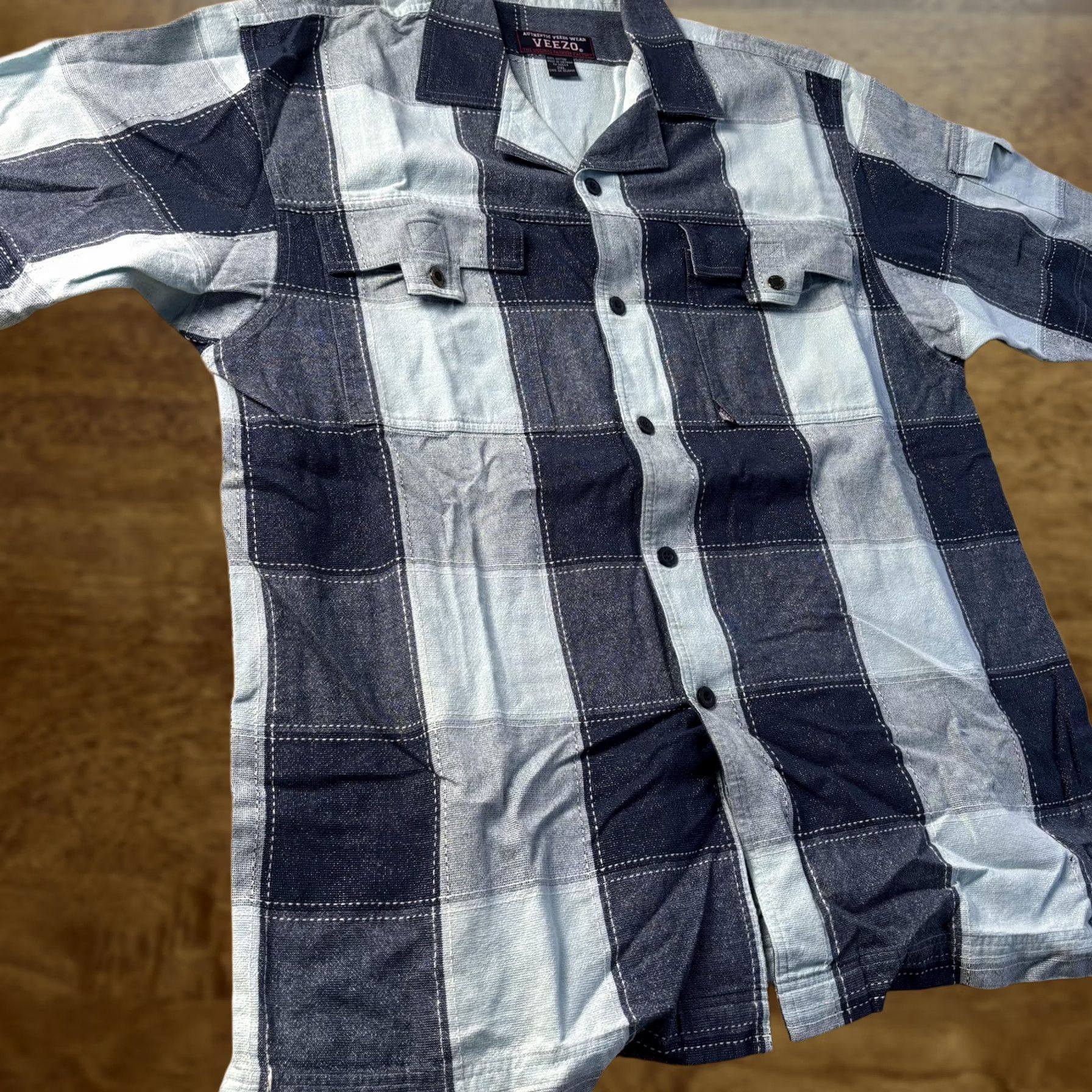 Vintage Veezo Shirt Mens 2XL Blue Plaid Short Sleeve Button Front Pockets Cotton Casual Size US XXL / EU 58 / 5 - 1 Thumbnail