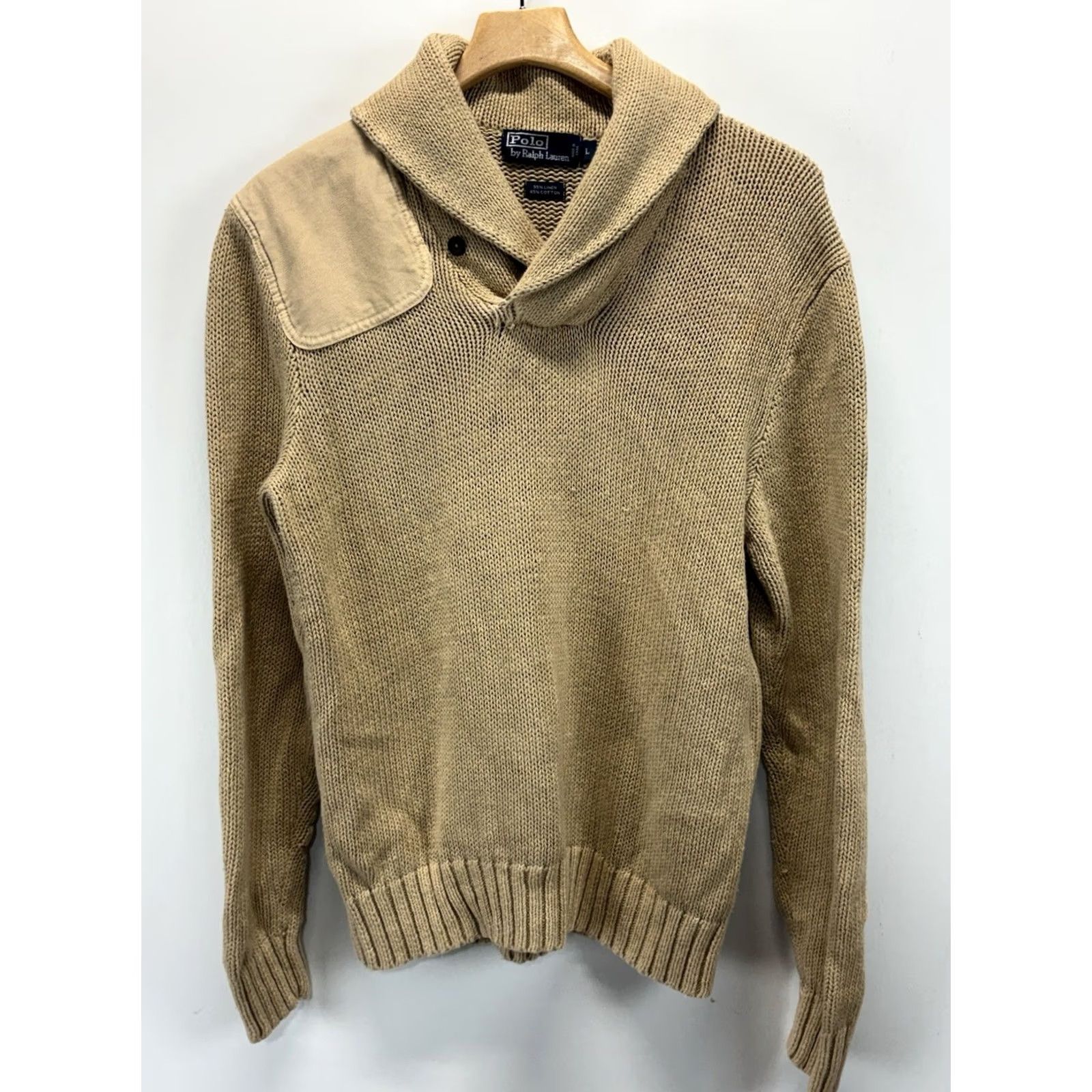 Polo Ralph Lauren VINTAGE Polo Ralph Lauren Shawl Collar Sweater Mens L Tan Chunky Linen Blend Patch Size US L / EU 52-54 / 3 - 2 Thumbnail