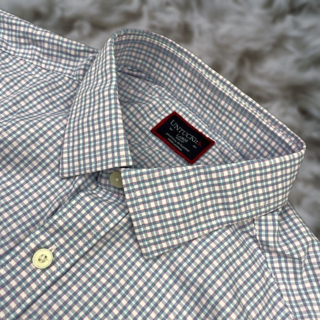 UNTUCKit Button Shirt Lightweight Nylon Spandex Slim Fit Plaid Long Sleeve Blue Pink Large Mens Shirt