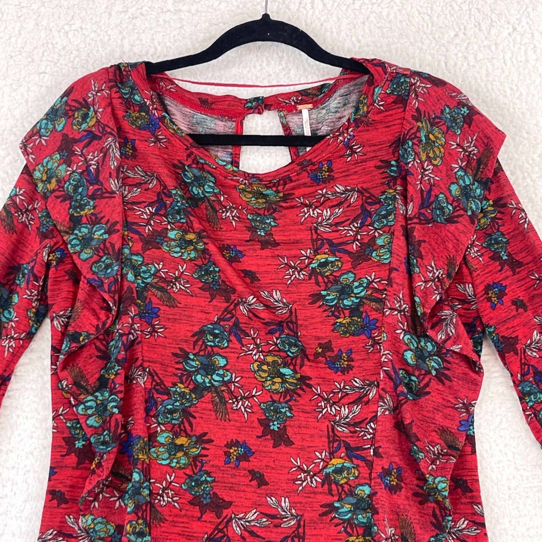 Free People Free People Dock Street Ruffle Shirt Womens 3/4 Sleeve Medium Red Floral Bohemian Casual Shirt Size M / US 6-8 / IT 42-44 - 2 Thumbnail