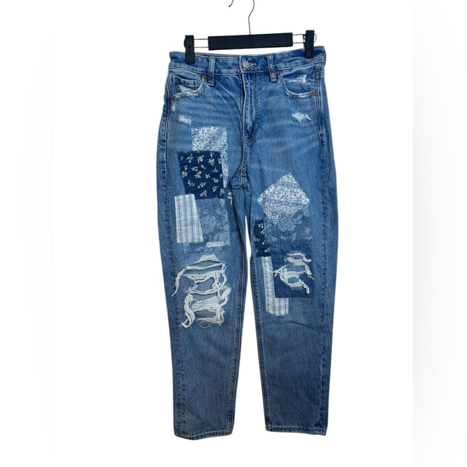 American Eagle Outfitters American Eagle Distressed Blue Patchwork Mom Straight Jeans Size 24" / US 00 / IT 34 - 1 Thumbnail