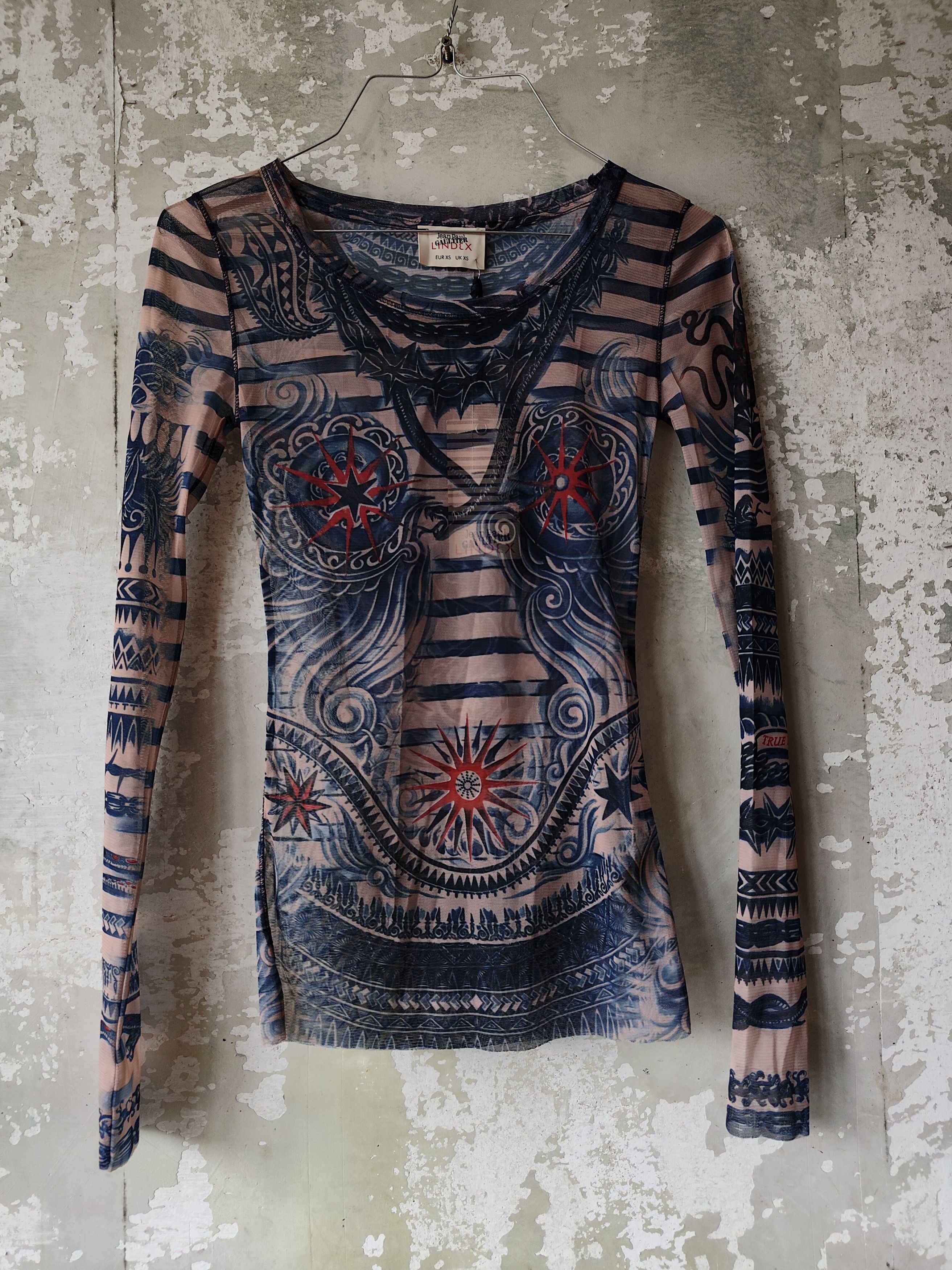 Jean Paul Gaultier × Vintage Vintage Jean Paul Gaultier mesh blouse tattoo print Size XS / US 0-2 / IT 36-38 - 1 Thumbnail